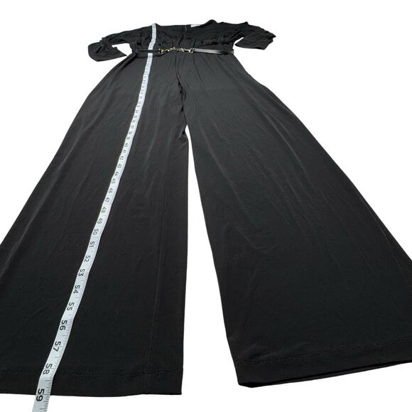 Calvin Klein NWOT Black Jumpsuit Cold Shoulder Wide Leg Pants 14 Split Sleeves - Picture 7 of 12
